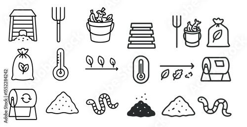 Series of images of farm tools and equipment, including a shovel, a rake, a bucket, and a thermometer