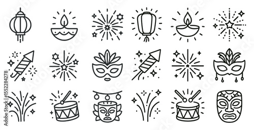 Set of black and white icons that represent various celebrations and festivities. The icons include a drum, a mask, a lantern, and a firework. Scene is celebratory and festive