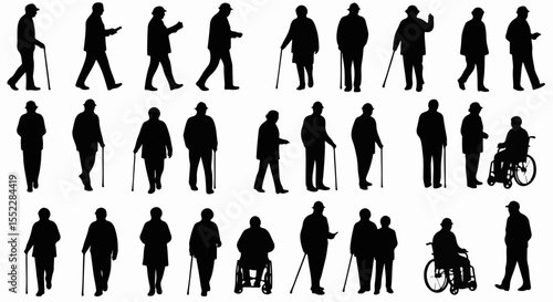 Silhouettes depict the graceful movement of senior citizens using mobility aids and wheelchairs in various poses.