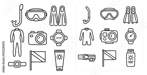 The image is of a collection of items related to water sports and diving. The items include a flag, a camera, a watch, a diving suit, and a snorkel. The flag is blue and white