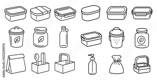 Set of containers and utensils for food storage. The containers are of various sizes and shapes, and the utensils include spoons and knives. Scene is practical and functional
