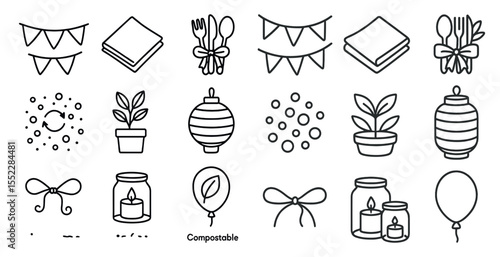 Collection of black and white icons that represent various items such as a candle, a balloon, a fork, a knife, a spoon, a vase, a potted plant, and a book. The icons are arranged in a grid