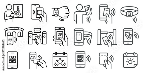 Series of icons depicting people using their cell phones and other devices. The icons include a person holding a cell phone, a person holding a watch, and a person holding a ticket