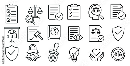 Set of icons for legal documents, including a gavel, a book, a dollar sign, a magnifying glass, a check mark, a shield, and a heart