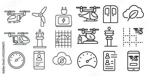 Collection of icons for various modes of transportation, including airplanes, helicopters, and drones. The icons are all in black and white and are arranged in a grid