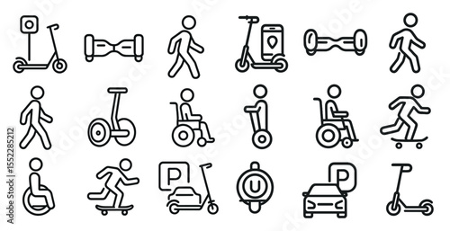 Series of black and white icons of people riding various types of scooters and wheelchairs. Scene is one of mobility and independence