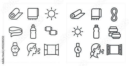 The image is a collection of various items related to health and wellness. There are two sets of icons, one on the left and one on the right, each containing different items such as a bottle, a towel