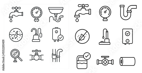 Set of plumbing symbols and a clock. The clock is on the left side of the image