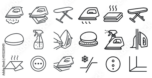 Series of icons for household items such as a spray bottle, iron, and ironing board