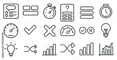 Collection of icons including a clock, a light bulb, a check mark, and a question mark