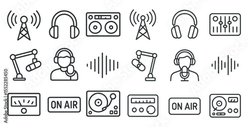 Collection of radio station icons, including a microphone, a radio, and a person wearing headphones