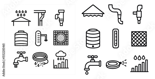 The image is a collection of various plumbing and water-related icons. The icons include a faucet, a pipe, a water tank, a water meter, and a rain gauge