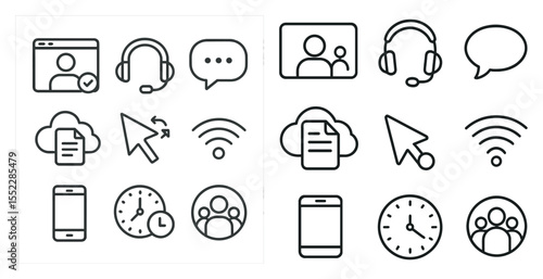Collection of icons for various devices and apps, including a clock, a phone, a computer, and a mouse. The icons are all in black and white, giving them a clean and minimalist look