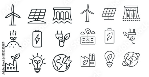 Collection of icons for various forms of renewable energy. The icons include wind turbines, solar panels, and hydroelectric power. Scene is one of sustainability and environmental consciousness