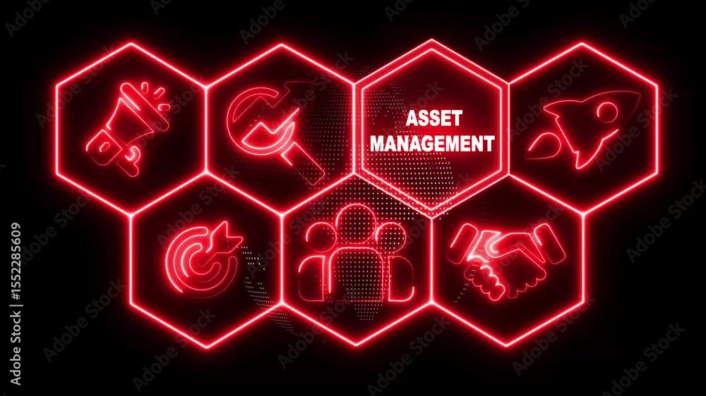 Neon line Asset Management business concept from a black display with hexagon shapes and symbols. abstract technology background with rotating world map icon, Business, Technology, Internet, network