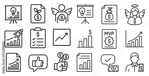 Set of icons for business and finance, including a dollar sign, a check mark, a dollar bill, a dollar sign with a check mark, a dollar bill with a check mark, a dollar bill with a check mark and a d