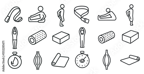Series of yoga poses and accessories are shown in a black and white style. The poses include a person in a kneeling position, a person in a sitting position, and a person in a standing position
