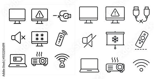 Set of icons for electronics and devices, including a laptop, a remote, a projector, and a keyboard