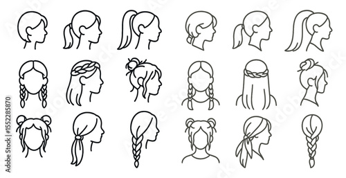 Collection of different hairstyles, including braids, ponytails, and buns. The hairstyles are all drawn in a simple, stylized way, with each one clearly defined and easy to recognize