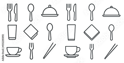 Collection of food and drink items, including a fork, knife, spoon, cup, and glass