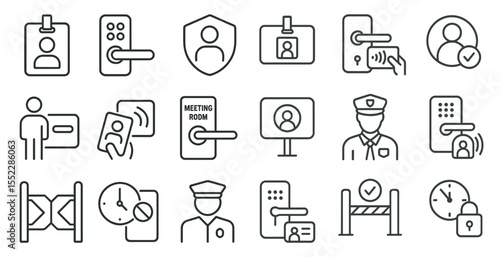 Set of icons for a security system. The icons include a badge, a key, a clock, a person, and a door