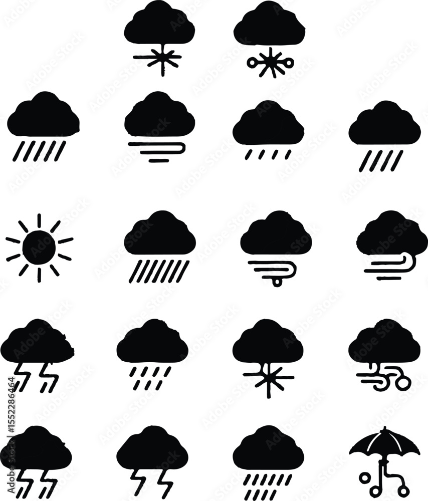 Collection of black weather icons including sun rain snow wind and lightning forecast Collection of black weather icons including sun rain snow wind and lightning forecast
