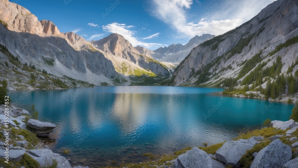 Obraz premium Alpine lake panorama between rocky mountains with clear blue water and surrounding rugged terrain. Nature and landscape scenery. Mountain scenery with lake view.