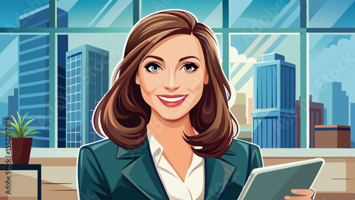 close up Portrait of happy businesswoman with touchpad in office looking at camera. Very beautiful
