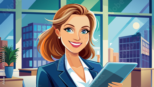 close up Portrait of happy businesswoman with touchpad in office looking at camera. Very beautiful