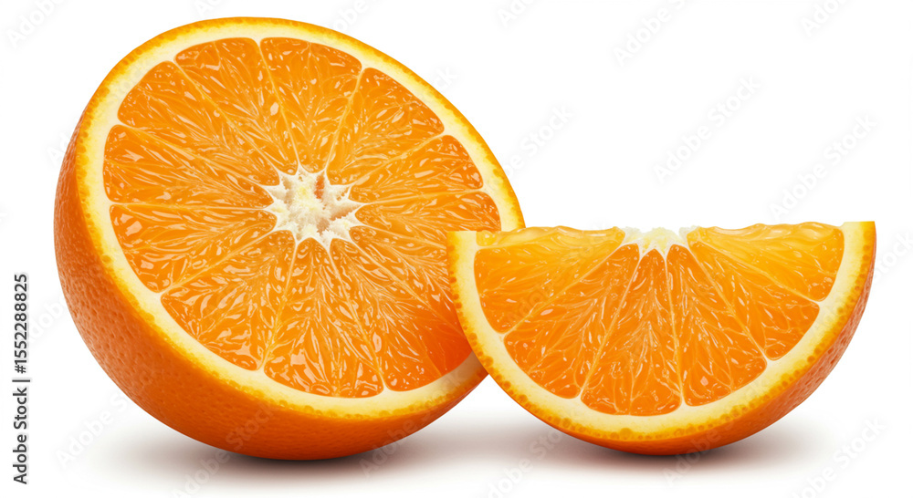 Realistic, hyper-detailed macro photography of a halved orange, showcasing the juicy pulp, fibrous segments, and vivid orange coloration, isolated on a white background. Realistic, hyper-detailed macro photography of a halved orange, showcasing the juicy pulp, fibrous segments, and vivid orange coloration, isolated on a white background.