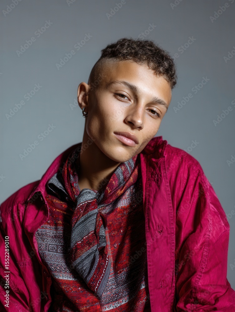 Portrait of a confident young person with short curly hair and a stylish outfit against a neutral background Portrait of a confident young person with short curly hair and a stylish outfit against a neutral background