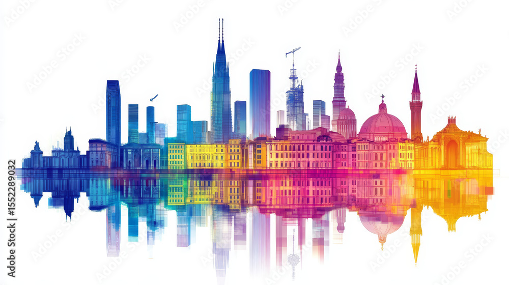 Obraz premium A vector illustration of Milan, Italy's city skyline featuring colorful buildings and their reflections, isolated on a white background. The design highlights the city's iconic landmarks 