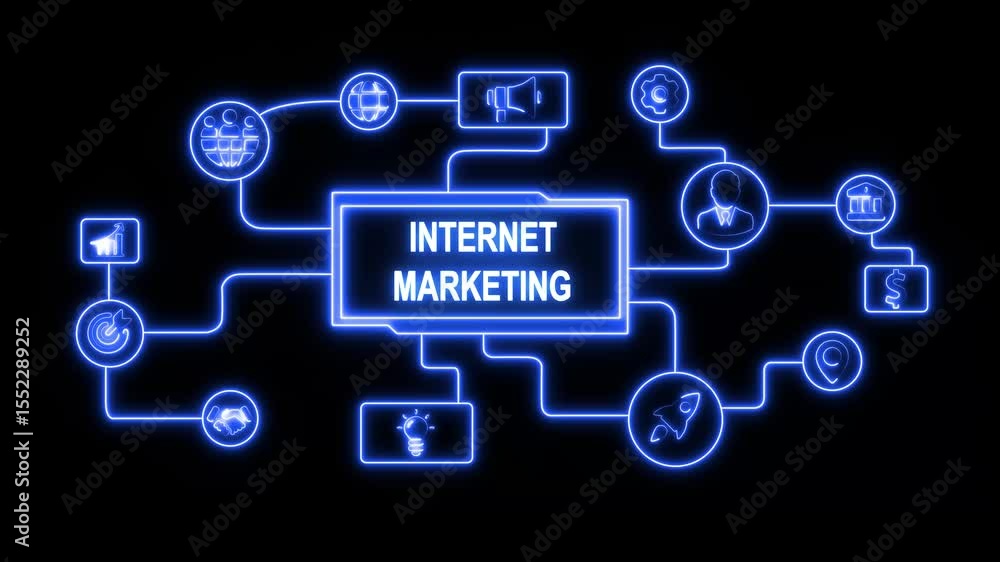 Neon line Internet marketing digital online advertising automation. Technology, Internet and network concept. business or Sales growth concept animation. certification. Neon line Internet marketing digital online advertising automation. Technology, Internet and network concept. business or Sales growth concept animation. certification.