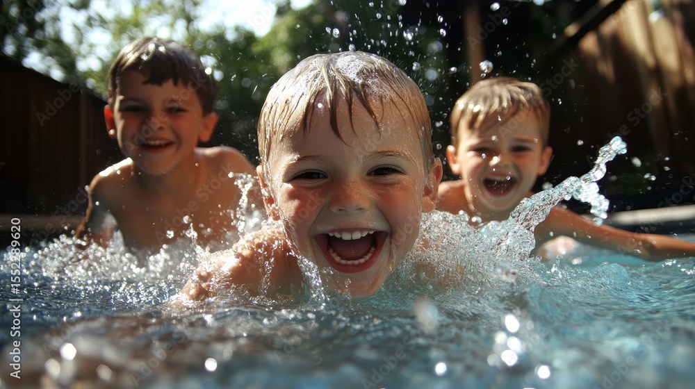Obraz premium A candid moment capturing the joy of children splashing water while laughing in a pool, embodying the essence of childhood innocence, playfulness, and cherished summer memories.