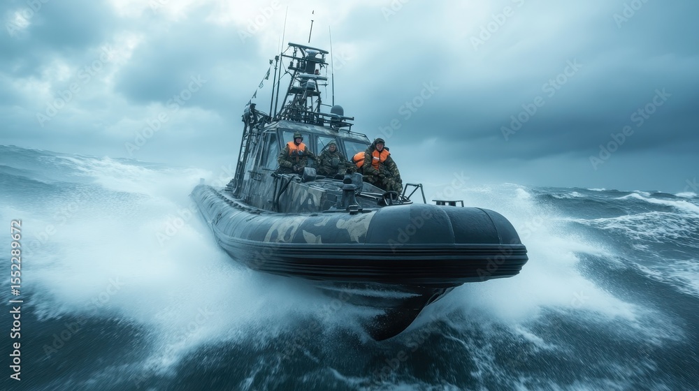Naklejka premium A powerful military boat bravely navigating through turbulent seas, showcasing resilience and strength against the backdrop of dramatic weather and rough waves.