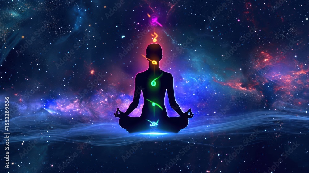 Silhouette of woman meditating in lotus pose against space background. Meditation. Yoga. Buddhism. Guru Concept. Yoga Concept with Copy Space. Silhouette of woman meditating in lotus pose against space background. Meditation. Yoga. Buddhism. Guru Concept. Yoga Concept with Copy Space.