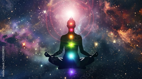 Man meditating in lotus position with colorful lights and space background. Meditation. Yoga. Buddhism. Guru Concept. Yoga Concept with Copy Space.