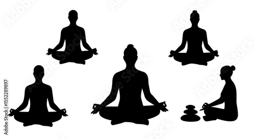 Group of figures in meditation, silhouette view of healthy yoga positions and zen stones enhancing focus and balance.