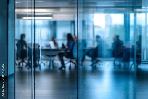 Blurred background of a bright, modern office interior with people working  