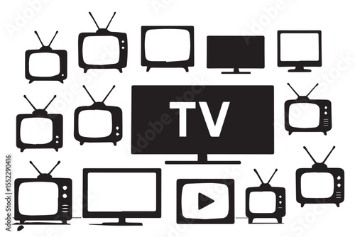 Set of vintage and modern TV silhouettes including classic and flat screen TVs with antennas, ideal for media and technology designs, graphics icon set
