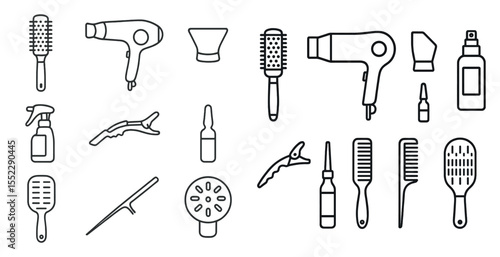 Collection of hair care products and tools. The image is a stylized drawing of various hair care items, including combs, brushes, and hair dryers. Scene is that of a salon or beauty store
