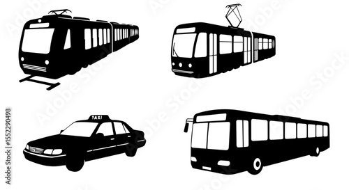 Black and white illustrations showcase transport options like bus, taxi, train and tram for urban transit.