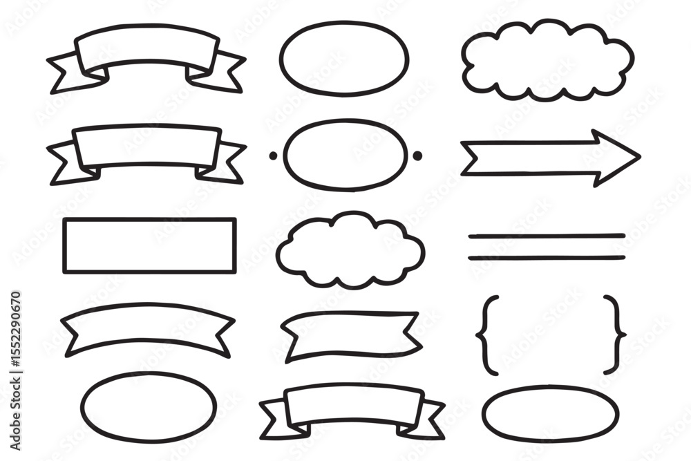 Obraz premium Creative doodles of banners, speech clouds, arrows, and frames, ideal for graphic design projects, labels, and decorative design elements, graphics icon set
