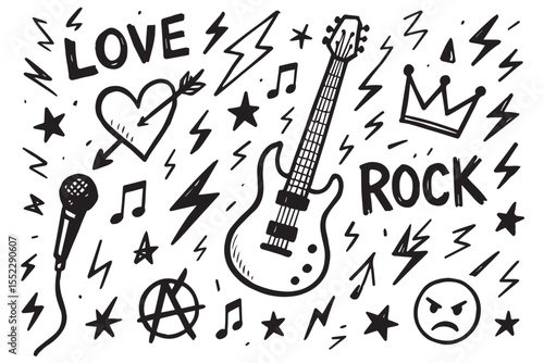 Creative doodles representing rock and roll, teen angst, guitars, music notes, and rebellious symbols like lightning bolts and skulls, graphics icon set