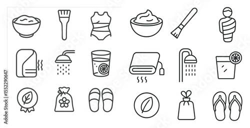 Set of icons for a bathroom and spa. The icons include a towel, a cup, a brush, a bottle, a bowl, a cup, a bottle, a brush, a cup, a bowl, a cup, a brush