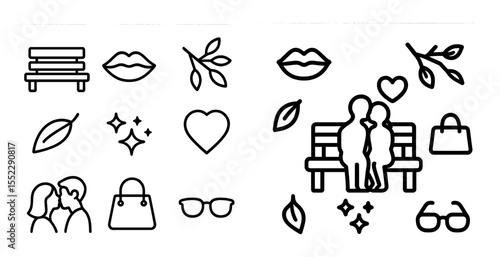 Collection of icons for a park scene, including a bench, a couple, a purse, a pair of glasses, a leaf, a heart, and a pair of lips