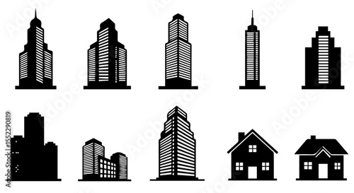 Black and white building collection showcases cityscapes and housing with simple, graphic architecture designs.