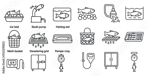 Series of images of fish and kitchen appliances. The images are in black and white and include a fish in a basket, a fish in a bucket, a fish in a fish tank, a fish in a fishbowl