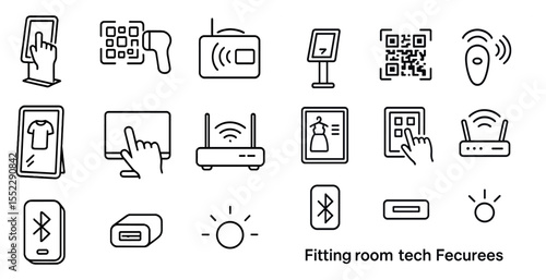 Collection of icons for a fitting room tech features. The icons include a phone, tablet, and a computer