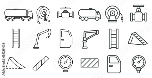 Collection of various construction and industrial equipment icons. The icons include a crane, a truck, a ladder, a fire hydrant, and a truck